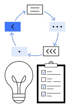 Okları ve soyut şekilleri olan dairesel iş akışı diyagramı, panoda kontrol listesi ve fikirler için ampul. Planlama, üretkenlik, yenilik, beyin fırtınası, süreçler, takım çalışması için ideal basit