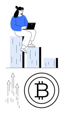 Dizüstü bilgisayarı, Bitcoin sembolü ve yukarı doğru okları olan bir kadın. Kripto para birimi, blok zinciri, finans, yatırım, teknoloji, iş dünyası, minimalist düz metafor için ideal
