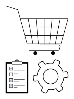 Şebeke dizaynlı alışveriş arabası işaretli kutular ve dişli çark. Ekommerce, iş akışı, planlama, lojistik, sistem entegrasyonu, süreç iyileştirme için ideal basit iniş sayfası