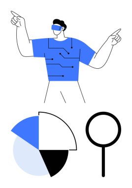 Üzerinde şebeke desenleri olan VR kulaklık takan, pasta grafiğinin üstünde duran ve büyüteç takan biri. Teknoloji, analitik, VR yeniliği, dijital öğrenme, araştırma, veri için ideal