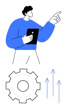 Profesyonel tutucu tablet, dişli ve yukarı bakan oklar büyümeyi, teknolojiyi ve çözümleri simgeliyor. İş için ideal, yenilik, takım çalışması, strateji, teknoloji başarısı basit