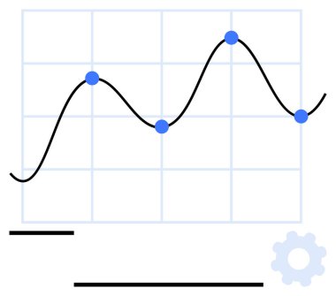 Izgarada dört mavi veri noktası, yatay çubuklar ve alt köşede dişli simgesi olan siyah çizgi çizelgesi. Veri analizi, süreç iyileştirmesi, performans izleme, trend izleme ve araştırma için ideal