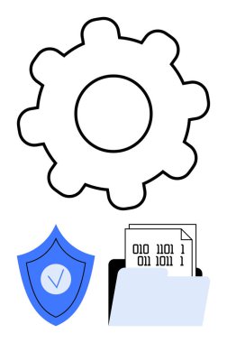 Vites, kontrol işaretli kalkan, ikili kodlu kağıt içeren klasör güvenlik, sistem yönetimi ve veri işlemeyi vurguluyor. Siber güvenlik, veri depolama, şifreleme, teknolojik çözümler için ideal