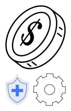 Dolar madeni para finansal odak noktası, kalkan sağlık korumasını simgeler, dişli ekipman işlevsel süreçleri gösterir. Finans, tasarruf, sağlık, güvenlik, iş stratejisi ve risk için ideal