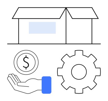 Kutu açık, teçhizat işlemleri temsil ediyor, para karşılığı el ele tutuşuyorlar. Lojistik, iş, e-ticaret, finans, tedarik zinciri, iş akışı kurumsal iniş sayfası için ideal