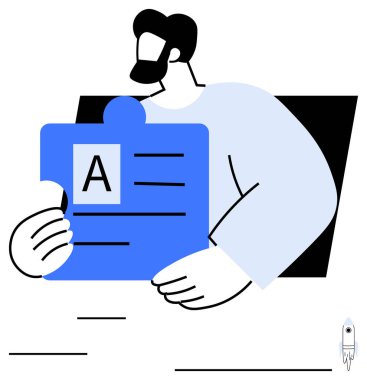 Üzerinde bir harf ve metin satırları olan büyük mavi bir yapboz parçası tutan kişi, işbirliğini, organizasyonu, yaratıcılığı, öğrenmeyi, çözümleri, stratejiyi ve tasarımı temsil ediyor. İdeal