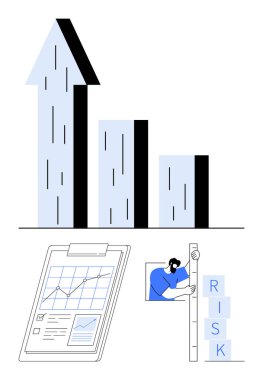 Büyümeyi temsil eden çubuk çizelgesi, analitik verilerle birlikte pano ve risk bloklarını istifleyen bir kişi. İş, finans, analitik, strateji, tahmin, yönetim için ideal basit iniş sayfası