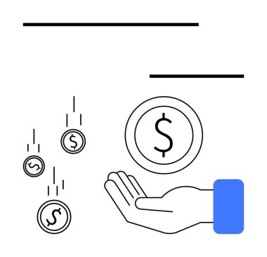 Düşen madeni paraları yakalamak, servetin biriktiğini, mali ödülleri, bağış toplamayı ve gelirleri gösteriyor. Finans, yatırım, girişimcilik, tasarruf, kitle fonlama fintech basit iniş sayfası için ideal