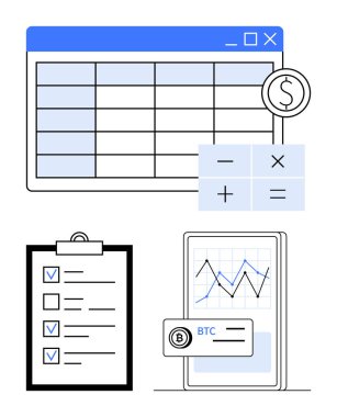 Para birimi sembollü hesap çizelgesi, hesap makinesi düğmeleri, panodaki kontrol listesi ve şifreli para birimini takip eden akıllı telefon grafiği. Finans, analiz, bütçe, ticaret, fintech planlama için idealdir.