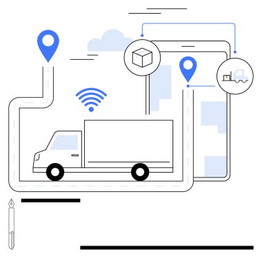 Konum işaretleri, kablosuz sinyal ve lojistik ve teknolojiyi temsil eden bir akıllı telefon taşıyan bir kamyon. Teslimat, ulaşım, navigasyon, izleme, nakliye, lojistik tedarik için ideal