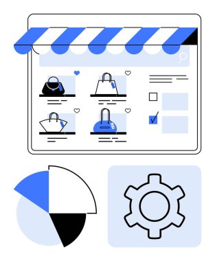 Dijital vitrin vitrinleri vitrin çantaları, analiz için pasta grafiği ve ayarlar için vites simgesi. E-ticaret, perakende, çevrimiçi iş, veri analizi, arayüz tasarımı, kullanıcı ayarları pazarı için ideal