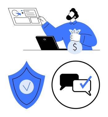 Dosyaları inceleyen, dizüstü bilgisayarın yanında para çantası tutan biri. Kontrol işaretli ve konuşma baloncuklu kalkan güvenlik ve iletişimi vurguluyor. Finans, güven, veri analizi için ideal ve basit