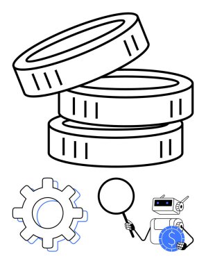 Birikmiş paralar zenginliği temsil eder. Büyüteç analizi yansıtır, teçhizat işlevselliği gösterir, ve finansal cihaz otomasyonu ima eder. Finans, iş, yatırım ve analitik için ideal
