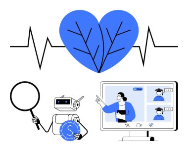 Kalp atışı dalgaboyu, bir yaprak ile sağlık ve sürdürülebilirlik tasvir eder, robot elinde büyüteç ve para yapay zekayı ve yeniliği sembolize eder, çevrimiçi eğitim videosu ise e-öğrenmeyi tasvir eder. İdeal