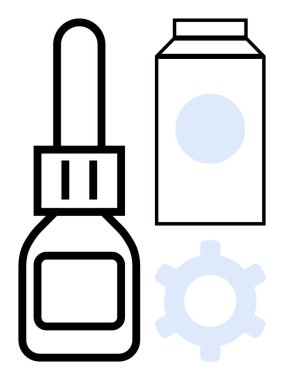 Düşürme şişesi, süt kutusu, ve hassas aletleri sembolize eden vites, günlük ihtiyaçlar, ve optimizasyon süreci. Üretim, sağlık, tamircilik, ambalaj planlama işleri için ideal