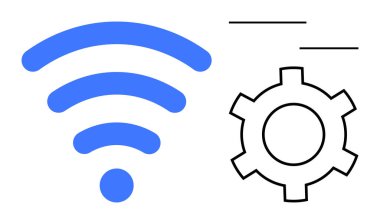 Mavi kablosuz sinyalin ve siyah dişli mekanizmasının basitleştirilmiş hali. Teknoloji, bağlantı, kablosuz sistem, veri transferi, dijital araçlar, ağ bakımı, basit iniş için ideal