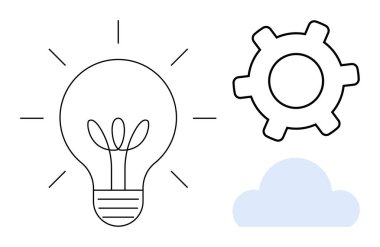 Fikirleri sembolize eden ampul, takım çalışmasını temsil eden dişli ve teknoloji entegrasyonunu simgeleyen bulut. Yaratıcılık, yenilik, takım çalışması, bulut hesaplama, problem çözme, iş stratejisi için ideal
