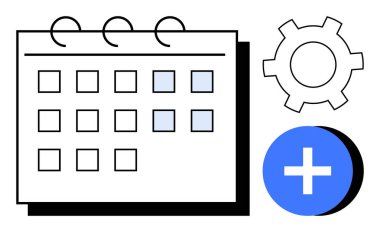 Vurgulanmış tarihlerle takvim düzeni, ayarlar için dişli simgesi ve mavi ekle düğmesi. Program, verimlilik, organizasyon, görev yönetimi, iş akışı planlama, etkinlik oluşturma için ideal basit