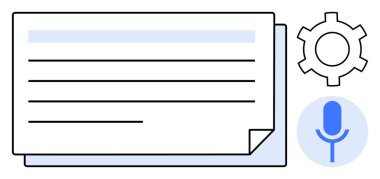 Ses girdisi ve yazılım ayarlarını temsil eden mikrofon ve dişli simgelerinin yanında metin satırları olan belge. Kopyalama, teknoloji, ses tanıma, otomasyon, iş akışı için ideal