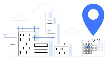 İnşaat halindeki binalar, bina iskelesi, çevresindeki gökdelenler, mavi yer işareti ve takvim şehir planlama, proje yönetimi, zamanlaması, gayrimenkul, etkinlik planlamasını sembolize ediyor