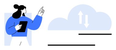 Elinde tablet tutan kadın, veri transferini sembolize eden yukarı ve aşağı oklarla bulut grafiklerine doğru hareketler yapıyor. Bulut hesaplama, veri depolama, teknoloji, ağ oluşturma ve iş çözümleri için ideal