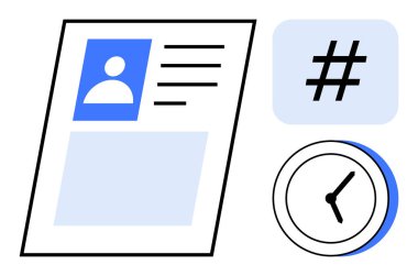 Avatar, üstveri etiketi ve analog saat çizimine sahip kullanıcı profili kartı. Kimlik, sosyal ağ, zaman yönetimi, zamanlama, verimlilik, dijital profiller ve basit bir iniş için ideal