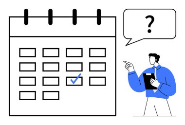 Üzerinde kontrol işareti olan ızgara tarzı bir takvime ve tahtayı gösteren mavili bir adama odaklan. Planlama, planlama, karar verme, randevular, iş akışı, görev hedefleri, zaman çizelgesi netliği için ideal. Düz