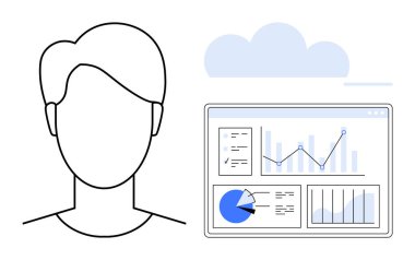 Ekranın yanında grafik, grafik ve analitik verileri gösteren bir kişinin taslağı. Veri analizi, bulut hesaplama, teknoloji, iş planlaması, kullanıcı arayüzü, bilişim çözümleri için ideal basit