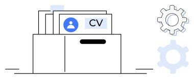 Profil simgelerinin bulunduğu CVler içeren dosya kutusu, optimizasyonu sembolize eden mekanik vitesler eşliğinde. İnsan kaynakları, askere alma, iş arama, veritabanı yönetimi, işlem otomasyonu, organizasyon için ideal