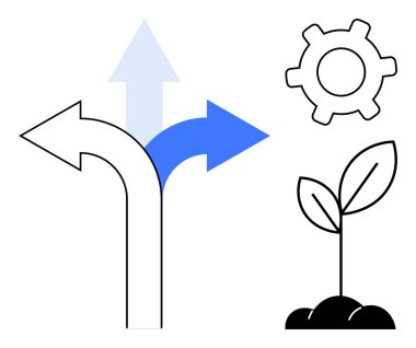 Üç farklı ok, büyüme, ilerleme ve yaratıcılığı temsil eden büyüyen bitki ve teçhizatla eşleştirilmiş seçenekleri gösteriyor. Strateji için ideal, sürdürülebilirlik, yenilik, üretkenlik, kişisel