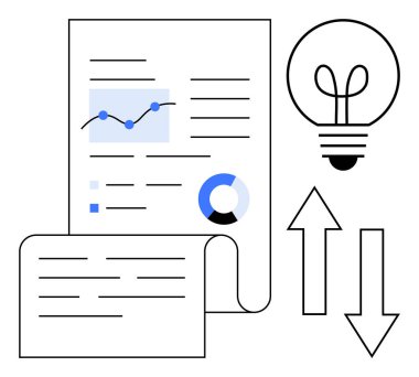 Grafikler ve verilerle rapor verin, yenilikler için ampul, trendler için yukarı ve aşağı oklar. İş, analitik, yenilik, finans, büyüme stratejileri planlamak için idealdir. Düz basit metafor