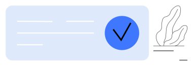 Belirgin işaretli mavi rozet, soyut metin satırları ve çizilmiş yapraklar. Kimlik denetimi, onay, başarı, güvenlik, minimalizm, doğrulama için ideal basit iniş sayfası