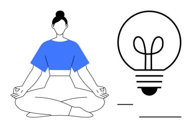 Lotus pozisyonunda oturan kadın büyük bir ampulle fikirleri, farkındalığı, dengeyi ve yaratıcılığı sembolize ediyor. Sağlık, yenilik, kendini geliştirme, zihinsel berraklık, odaklanmış meditasyon için ideal