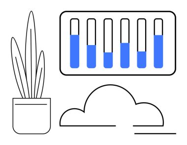 Mavi veri çubukları olan bar tablosu, doğayı temsil eden saksı bitkisi ve dijital kavramlar için beyaz bulut. Veri analizi, teknoloji, sürdürülebilirlik, yenilik, araştırma ve yeşil çözümler için ideal