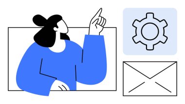 Kadın kendine güvenen bir jest, ayarlar için dişli sembolü ve e-posta için zarf simgesi ile yukarıya doğru işaret ediyor. İletişim için ideal, takım çalışması, teknik kurulum, rehberlik, navigasyon, basit öğretim inişi