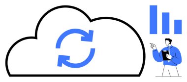 Tazelenmiş oklarla bulut, veri analizini gösteren bar çizelgesi, profesyonel işaret. Veri senkronizasyonu, bulut hesaplama, iş büyümesi, analitik, takım çalışması, teknoloji yönetimi düz metaforu için ideal