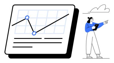 Ekrandaki satır grafiği ve metin, büyümeyi ve yönü belirten bir tabletle bilgi analizi ile birlikte. Veri analizi, takım çalışması, sunum, strateji ve eğitim için ideal
