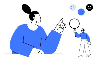 Düşünceli bir duruş sergileyen bir kadın, yukarıda mutlu, tarafsız ve hüzünlü ifadelerin simgelerini gösteriyor. Bir adam dairesel bir nesne tutar. Duygular, geri bildirim, farkındalık, psikoloji kullanıcısı için ideal