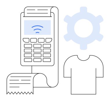 Fatura rulosu, sinyal simgesi, dişli ve gömlekli ödeme terminali. Perakende satış, e-ticaret, işlemler, otomasyon üretim satış satış yönetimi alışveriş süreçleri için idealdir. Düz basit