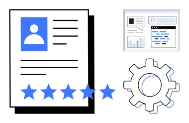 Resimli profil sayfası, metin satırları, 5 yıldız, analitik gösterge paneli ve dişli simgesi. optimizasyon, adam toplama, performans değerlendirmesi, analitik iş akışı incelemeleri için ideal basit iniş sayfası