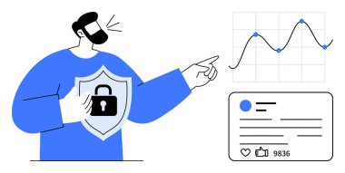 Kalkanı kilitli tutan kişi analitik grafik ve sosyal medya arayüzüne işaret ediyor. Siber güvenlik, veri görselleştirme, dijital mahremiyet, analitik, çevrimiçi güvenlik, kullanıcı koruması için ideal