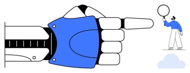 Robotik el yüzen bir balonu tutan kişiyi işaret ediyor, teknolojiyi, rehberliği ve etkileşimi temsil ediyor. Yapay zeka gelişimi, yenilik, takım çalışması, sosyal yardım, gelecekteki kavramlar için ideal