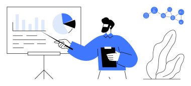 Not tutarken veri eğilimlerini bar ve pasta grafikleriyle açıklayan kişi. İş sunumu için ideal, veri analizi, takım çalışması, strateji planlaması, eğitim, profesyonel brifing