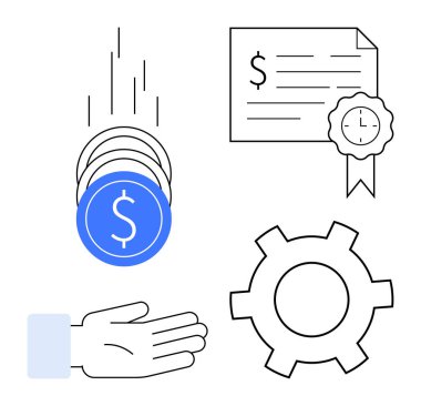 Düşen madeni paralar gelir akışını temsil eder, el para vermeyi veya almayı ifade eder, sertifika başarıyı simgeler ve teçhizat süreçleri simgeler. Finans, yatırım, maaş ve iş başarısı için ideal