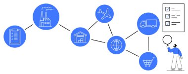 Fabrikalar, depolar, uçaklar, kamyonlar, alışveriş arabası, dünya, kontrol listesi, akışı analiz eden insanlar. Tedarik zinciri lojistik işletmeleri için ideal küresel ticaret e-ticaret
