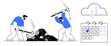 İşçiler kaya üzerinde kazma ve çekiç kullanarak bulut veri senkronizasyonu ve takvim illüstrasyonunun yanındaki kaynakları çıkarıyorlar. Takım çalışması, çalışkanlık, teknoloji, üretkenlik, veri yönetimi için ideal