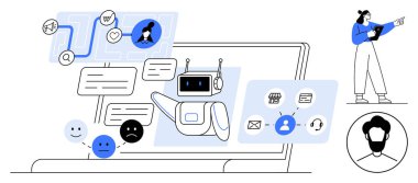 Robot asistanı geri bildirimleri yorumluyor, mesaj simgelerini yönetiyor, insan figürü ekran etkileşimlerini yönlendiriyor. CRM, sohbet robotları, yapay zeka sistemleri, otomasyon, teknoloji, geri bildirim analizi için idealdir.
