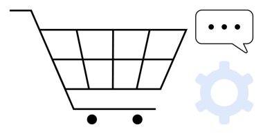 Alışveriş arabası, konuşma balonu ve çevrimiçi alışveriş, müşteri geribildirimi ve sistem otomasyonunu simgeleyen teçhizat. E-ticaret, teknoloji, perakende, sistem entegrasyonu yeniliği için ideal müşteri