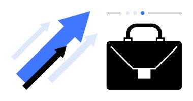 Mavi ve siyah okları olan siyah evrak çantası başarıyı, kariyeri ve iş gelişimini simgeliyor. Finans, girişimcilik, kariyer geliştirme, strateji, yenilik, üretkenlik için ideal basit