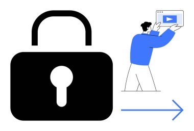 İlerlemeyi gösteren okla video ekranı tutan birinin yanında büyük ölçekli asma kilit. Güvenlik, dijital erişim, içerik koruması, gizlilik, ilerleme, yayın, basit iniş sayfası için ideal